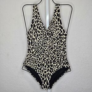 Carmen Marc‎ Valvo Leopard Print One Piece Swimsuit Ruched V-Neck Size 8